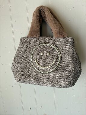 SMILEY x Cooco Nolleys light Pearl Smile Tweed Tote Bag with Faux Fur Handles